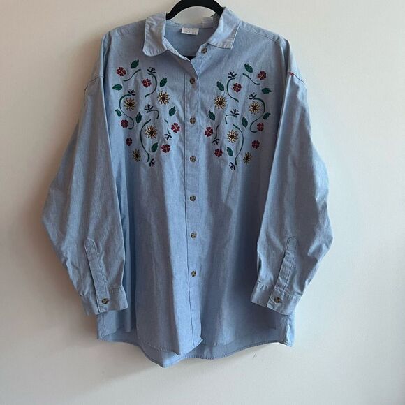 Mystic Blues Vintage Flower Embroidered Blue Button Up Long Sleeve Top - Size - Picture 1 of 7